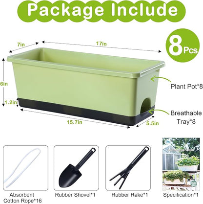 Oliz Window Box Planter 8 Pcs, 17 Inches Rectangle Flower Pots with Drainage Holes & Trays, Vegetable Planters for Windowsill Patio Garden Balcony Home Indoor Outdoor (Light Green, 16 * 7 * 6 inch)