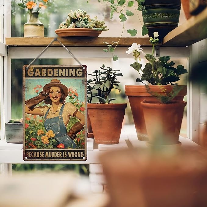 PEACHGARDEN Vintage Garden Sign Gardening Because Murder Is Wrong Retro Rustic Metal Tin Sign Funny Gardening Gift for Women Outdoor Wall Decor for Garden Lovers 8x12inch