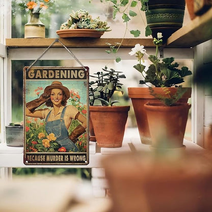 PEACHGARDEN Vintage Garden Sign Gardening Because Murder Is Wrong Retro Rustic Metal Tin Sign Funny Gardening Gift for Women Outdoor Wall Decor for Garden Lovers 8x12inch