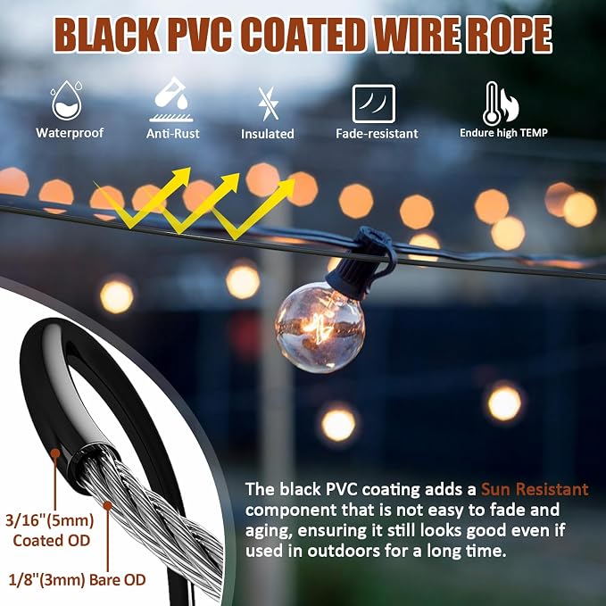 String Light Hanging Kit Outdoor, Full Black Globe String Lights Suspension Kit w/ 50FT PVC Coated Steel Cable & Enough Accessories, Guide Wire for String Lights, Patio Lights, Camping Light
