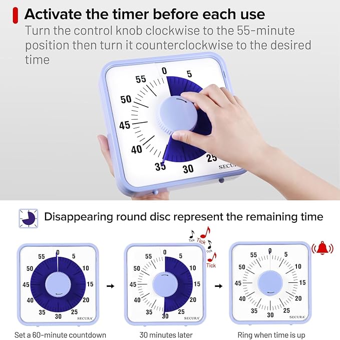 Secura 7.5 Inch Visual Timer, 60 Minute Oversize Visual Countdown Timer for Kids and Adults, Durable Mechanical Time Management Tool (Violet)