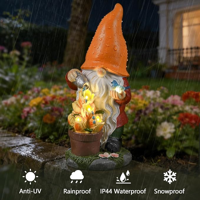 Solar Gnome Statue Outdoor Decor for Mother's Day,Gnome Figurines with Flower LED Light for Garden Decorations for Patio Lawn Balcony Garden,Housewarming Gifts for Women Mom