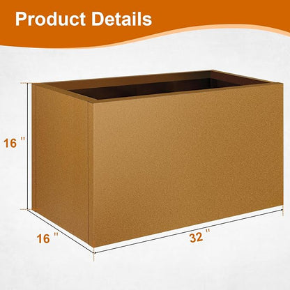 32"x16"x16" Corten Steel Planter Box, Heavy-Duty Rust Resistant Steel Planter with Drainage Hole, Modern Rectangular Metal Planter for Outdoor Indoor Patio Garden Yard