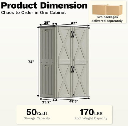 Devoko 50 Cu Ft Plastic Outdoor Storage Cabinet, Beige | Vertical Resin Storage Shed with Lockable Door, Waterproof Shed for Patio Furniture Pool Toy, Garden Tool, Shelf Not Included