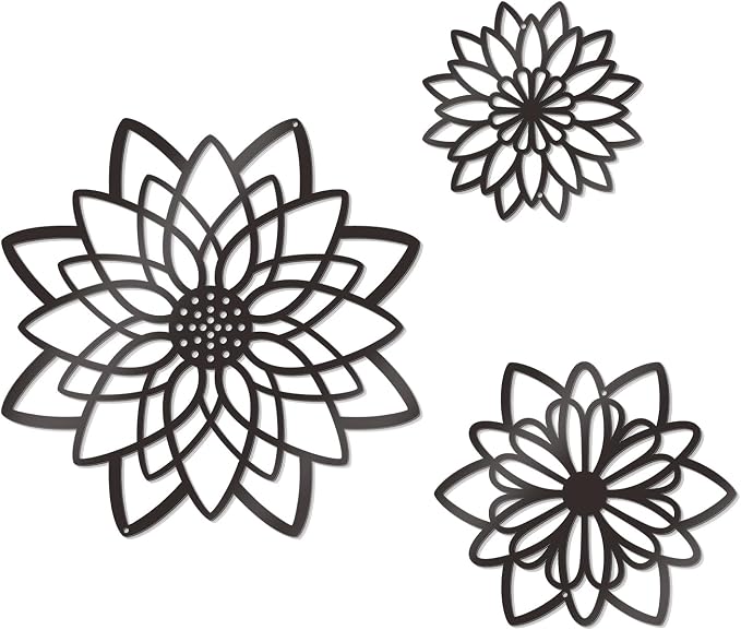 Zzbakress 3 Pcs Metal Flowers Wall Decor Black Wall Decor Metal Flower Art Farmhouse Wall Art Multiple Flowers Hanging Decor for Bathroom Living Room Kitchen Garden Office (Black Concise)