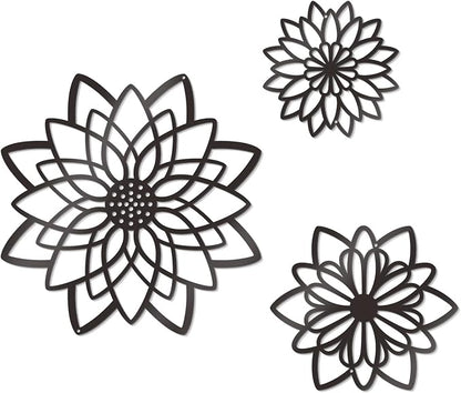 Zzbakress 3 Pcs Metal Flowers Wall Decor Black Wall Decor Metal Flower Art Farmhouse Wall Art Multiple Flowers Hanging Decor for Bathroom Living Room Kitchen Garden Office (Black Concise)