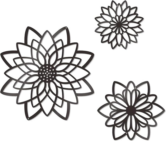Zzbakress 3 Pcs Metal Flowers Wall Decor Black Wall Decor Metal Flower Art Farmhouse Wall Art Multiple Flowers Hanging Decor for Bathroom Living Room Kitchen Garden Office (Black Concise)