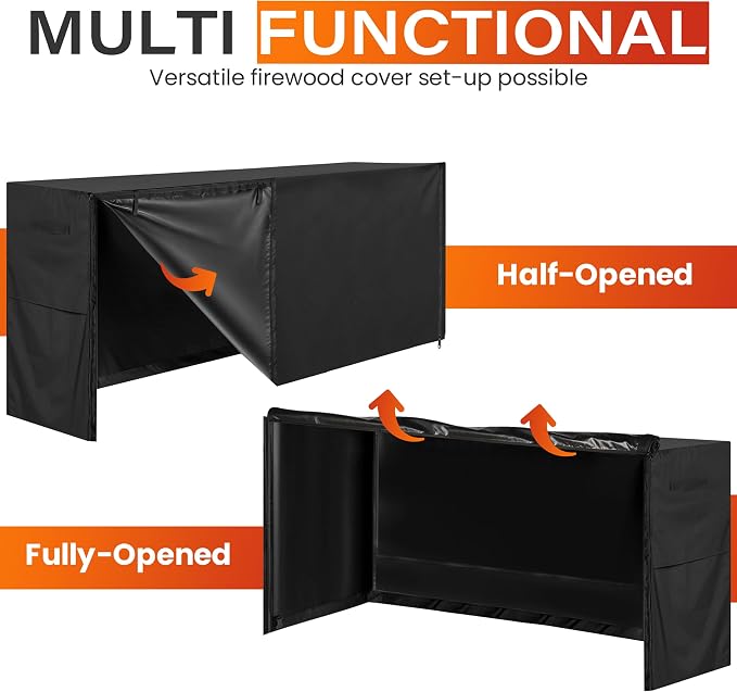 8ft Waterproof Firewood Rack Cover - Heavy Duty Black 600D Oxford Fabric - Indoor Or Outdoor Firewood Log Cover with Zipper & Adhesive Closing Strips - Rack NOT Included - Black