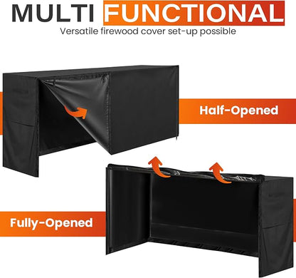 12ft Waterproof Firewood Rack Cover - Heavy Duty Black 600D Oxford Fabric - Indoor Or Outdoor Firewood Log Cover with Zipper & Adhesive Closing Strips - Rack NOT Included - Black