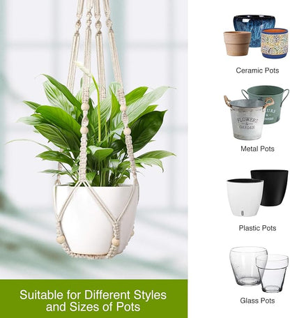 LEWESU Macrame Plant Hanger Indoor Set of 4 with 8 Hooks, Indoor Outdoor Hanging Planter for Plants Holder with Decorative Wood Beads & No Tassels, Boho Home Decor, 35 Inch Ivory (Pots Not Included)