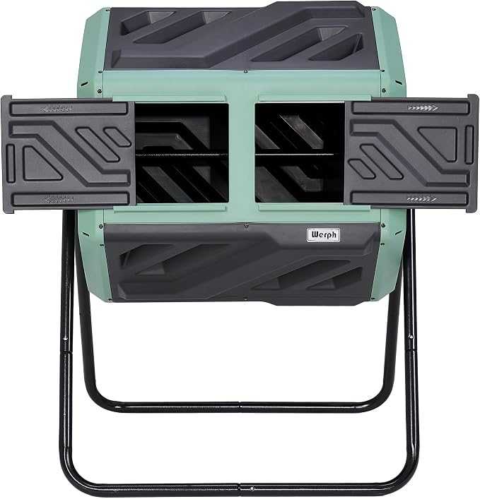 Werph 43 Gal Dual Chamber Compost Tumbler for Garden & Yard, Green & Black | Fast Assembly, 43 Gal Dual Chambers & Aeration System, 360° Rotating Tumbler, for Garden, Kitchen, & Yard (Gloves Included)