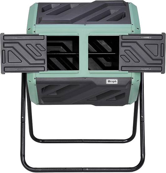 Werph 43 Gal Dual Chamber Compost Tumbler for Garden & Yard, Green & Black | Fast Assembly, 43 Gal Dual Chambers & Aeration System, 360° Rotating Tumbler, for Garden, Kitchen, & Yard (Gloves Included)