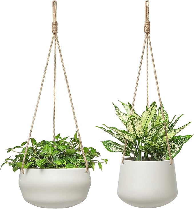 Mkono Ceramic Hanging Planter of Shallow 8 Inch and Deep 6 Inch for Indoor Outdoor Plants, Set of 2 Modern Plant Pot Geometric Porcelain Hanging Basket with Polyester Rope Hanger