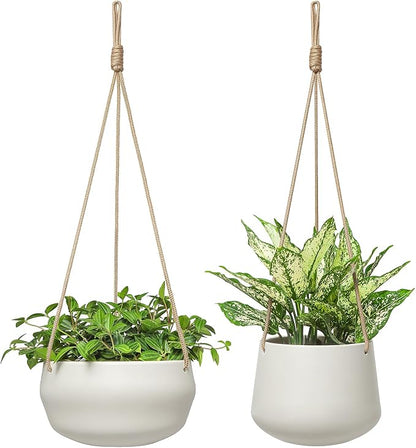 Mkono Ceramic Hanging Planter of Shallow 8 Inch and Deep 6 Inch for Indoor Outdoor Plants, Set of 2 Modern Plant Pot Geometric Porcelain Hanging Basket with Polyester Rope Hanger