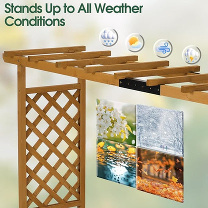 VINGLI Raised Garden Bed with Trellis & Hanging Roof, Wooden Planter Box with Drainage Holes for Outdoor Climbing Plants Vegetables Flowers, Patio Yard Balcony (Natural, Longer)