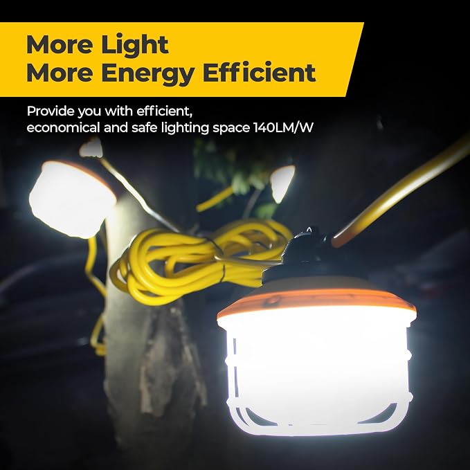 50FT 75W 3Prong Ultra Bright ETL Listed LED Work Construction String Lights | Linkable Up to 12 sets, 140 LM/W, 18/3 SJTW, IP65 Waterproof, Outdoor Temporary Hanging Lighting for Jobsite Shop Crawl Space