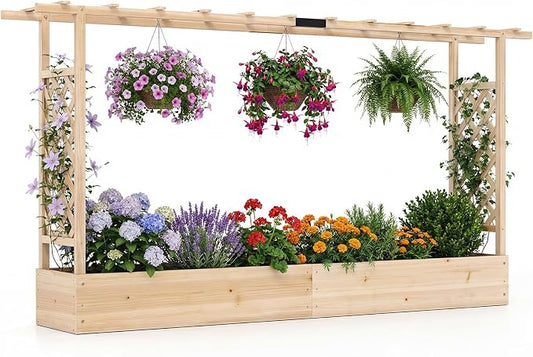 Giantex Wooden Raised Garden Bed with Trellis & Hanging Roof, Fir Wood Planter Box, 45” Freestanding Elevated Garden Bed for Outdoor Climbing Plants Vegetables Flowers, Patio & Balcony, Natural
