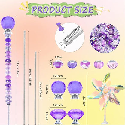 101 PCS Beaded Garden Stakes Kit, DIY Fairy Wand Garden Stake Beads Kits with Purple Large Hole Beads 4 Crystal Stopper Top Threaded Rods and 2 Colored Small Windmills for Outdoor Indoor Decor