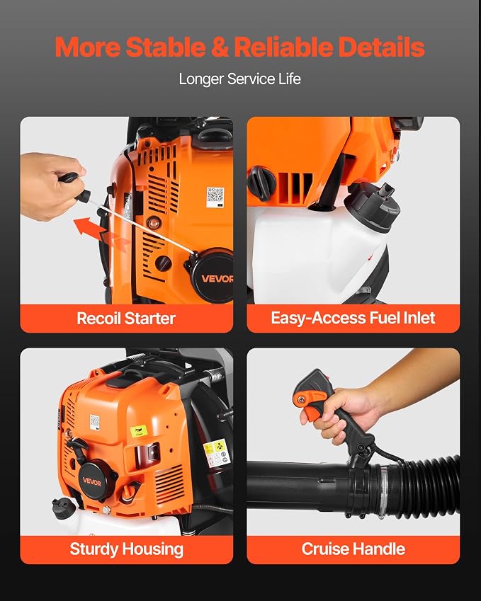 VEVOR Backpack Leaf Blower, 75.6CC 4-Stroke Engine Gas Powered Leaf Blower with 1.8L Fuel Tank, 615 CFM Air Volume, 179 MPH Air Speed, Ideal for Lawn Care, Leaves Cleaning, Yard Debris & Snow Removal | 1.8L Fuel Tank, 615 CFM Air Volume, 179 MPH Air Sp...