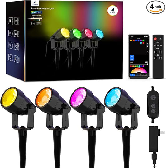 APPECK Landscape Lighting, RGBW Low Voltage Landscape Lights with APP Control, IP65 Waterproof Outdoor Spot Lights, Color Changing Spotlights for Yard, Garden,Trees, Patio & Holiday Decor, 4 Pack