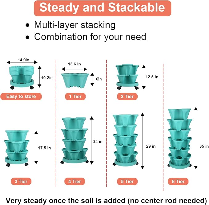 GameXcel Vertical Planter Tower - 6 Tier Stackable Garden Planters with Wheels and Tools Plant Pots for Strawberry Herb Flower and Vegetable Indoor Outdoor Use Teal