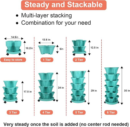 GameXcel Vertical Planter Tower - 6 Tier Stackable Garden Planters with Wheels and Tools Plant Pots for Strawberry Herb Flower and Vegetable Indoor Outdoor Use Teal