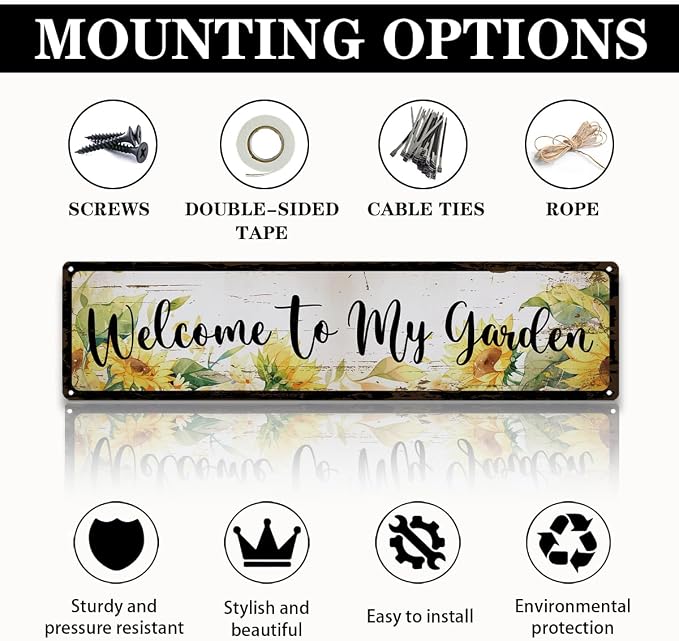 Rustic Garden Signs, Welcome to My Garden Sign, Sunflower Floral Vintage Farmhouse Outdoor Wall Art, for Porch Patio Fence Door, Ideal for Gardening Lovers, 15.7 x 3.9 Inches