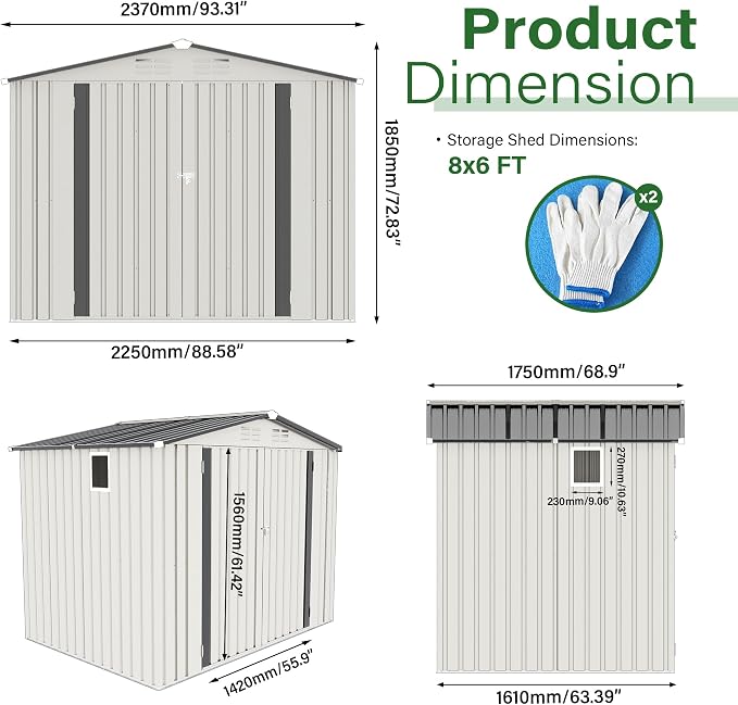 8X6 FT Storage Shed, Metal Outdoor Garden Tool Shed with Pitched Roof Waterproof with Window and 2 Lockable Door,Vents,for Garden Tool Storage, Sundries and Bike Storage,White+Gray