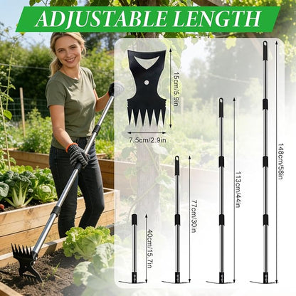 Weed Puller Tool with Long Handle – 58" Manual Weeder Remover Tool, 2-in-1 Handle Garden Hoe and Weed Rake, Hoe Garden Tool, Uprooting Weeding Tool for Yard, Lawn, Patio and Garden