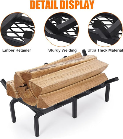 17 Inch Fireplace Grate with Ember Retainer,Cast Iron Fireplace Log Grate,Fireplace Log Holder,Heavy Duty Solid Steel Fireplace Wood Holder,Wood Stove Wrought Rack for Indoor Hearth Outdoor Fireplace