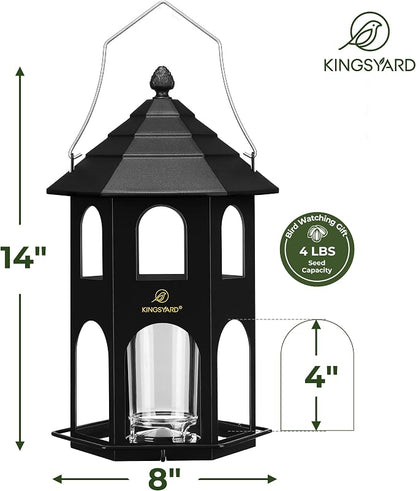 Kingsyard Metal Bird Feeder for Outdoor Hanging, Wild Bird Feeders with Circular Perch, Easy to Clean & Refill, 4 lbs Large Seed Capacity, Black