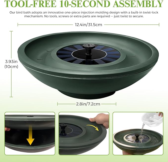 Solar Bird Bath with Fountain,12.4" Dark Green Birdbath for Outdoors,Tool-Free 10s Assembly,6 Spray Nozzles,Lightweight Plastic Water Feature for Garden Decor,Patio Gitf,Hummingbirds