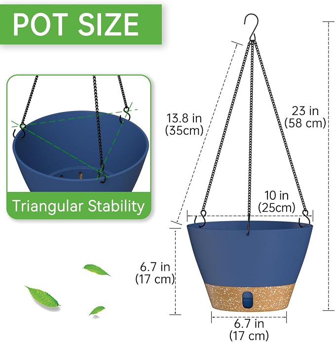 ZMTECH 2 Pack 10 Inch Hanging Baskets for Plants Outdoor Indoor, Modern Blue Planters with Water Level Window & Metal Chain for Balcony Patio Garden Home Decor