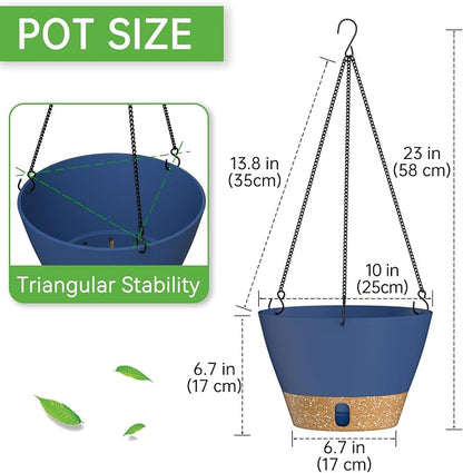 ZMTECH 2 Pack 10 Inch Hanging Baskets for Plants Outdoor Indoor, Modern Blue Planters with Water Level Window & Metal Chain for Balcony Patio Garden Home Decor