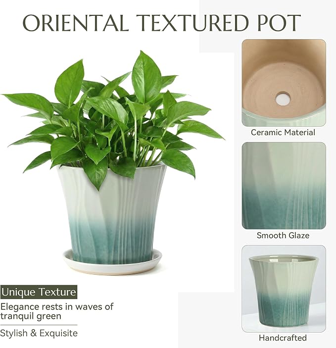 10 Inch Ceramic pots for Plants with Saucer Drainage Leak-Proof Mesh, Round Plant Pot with Gardening Gloves for Indoor Outdoor Plants (Rippled Green)