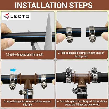 LECTO Universal 5/8", 1/2", .700" Drip Line Repair Kit – Tee, 3