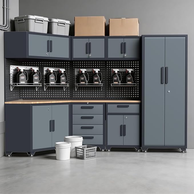 16PCS Garage Storage Cabinet System - Heavy Duty Workshop Set w/Corner Cabinet Includes Workbench, Pegboard & Lockable Drawers | Metal Tool Organization System for Garage/Workshop