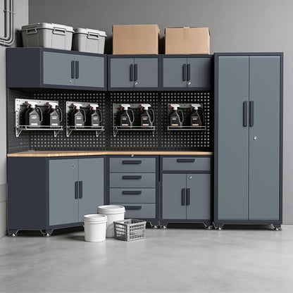 16PCS Garage Storage Cabinet System - Heavy Duty Workshop Set w/Corner Cabinet Includes Workbench, Pegboard & Lockable Drawers | Metal Tool Organization System for Garage/Workshop