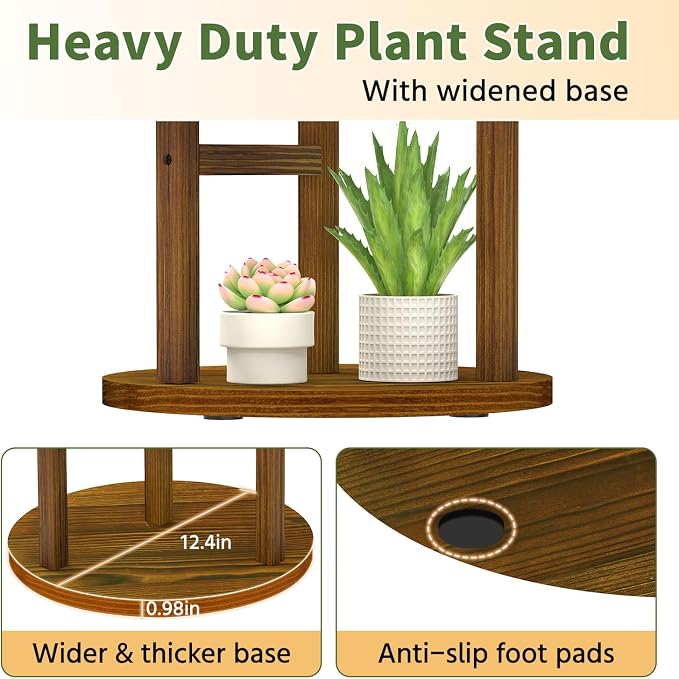 LASZOLA 3 Tiered Wood Plant Stand Indoor Corner with Grow Lights, Flower Holder Rack Tall for Multiple Plants, Rustic Planter Shelf Display for Patio Garden Balcony Living Room, Brown