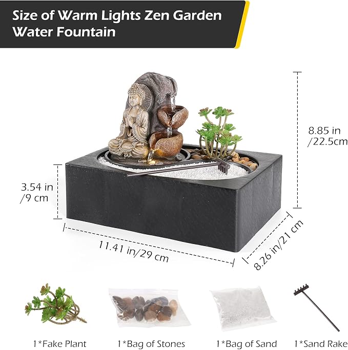 Dyna-Living Indoor Water Fountains Tabletop Water Fountain with Warm Light | Zen Water Fountain Buddha Waterfall for Relaxation, Desk Zen Waterfall Feature for Home & Office Feng Shui Decor, Quiet Pump