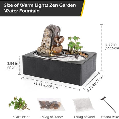 Dyna-Living Indoor Water Fountains Tabletop Water Fountain with Warm Light | Zen Water Fountain Buddha Waterfall for Relaxation, Desk Zen Waterfall Feature for Home & Office Feng Shui Decor, Quiet Pump