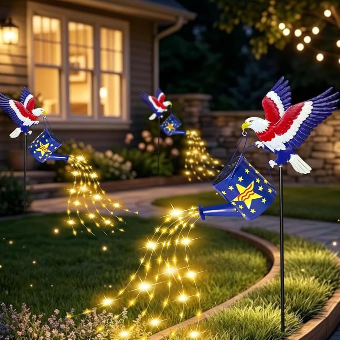 Solar Eagle Garden Lights Outdoor Decorations, Patriotic Watering Can Light with Cascading Fairy Lights, Solar Garden Decor for 4th of July, Memorial Day, Veterans Day, Yard, Patio, Lawn, Flower Bed