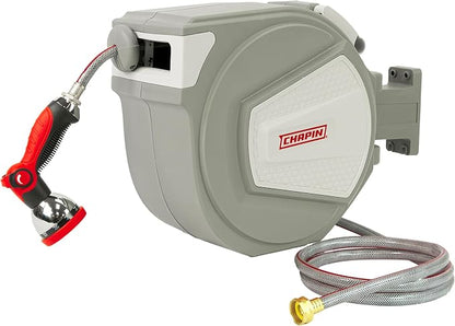 Chapin 5997 Garden Hose Reel, 65-feet Retractable, Wall Mounted Heavy-Duty Case, 180° Swivel Frame Mount, Automatic Retract, Locking Hose, 10 Position Metal Garden Hose Spray Nozzle