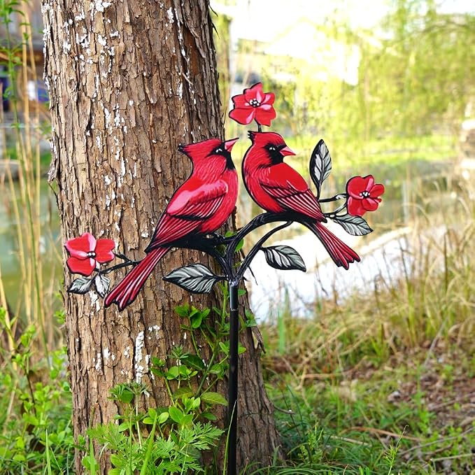 Red Cardinal Garden Stake - Metal Outdoor Decor for Patio & Yard(Red Cardinal-b)