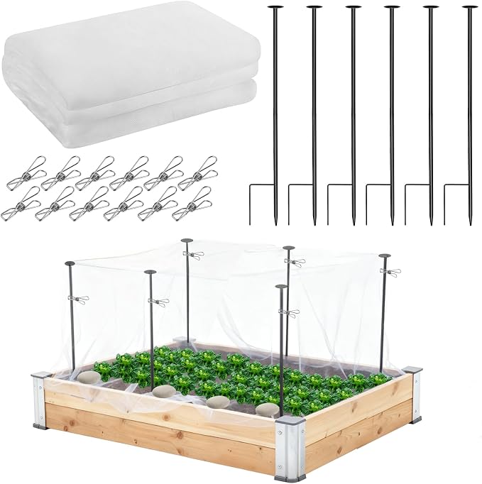 Metal Garden Netting Kit, 6 Pack 2.6ft Raised Garden Bed Net Support Stakes with 13×10ft Fine Mesh Insect Netting 12pcs Clips Bird Barrier Screen Cover for Protect Plant Vegetable Row from Animals Bug