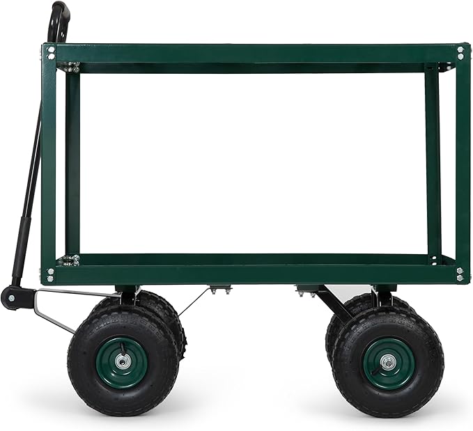 Backyard Expressions 2 Tier Garden Cart, 600 lb Total Capacity, Outdoor Utility Cart with Wheels, Steel Mesh Shelves, Pneumatic Tires, Pull Handle Rolling Wagon for Yard & Lawn