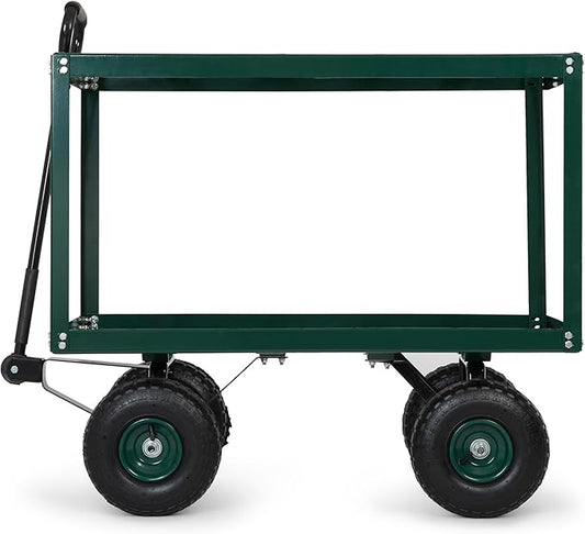 Backyard Expressions 2 Tier Garden Cart, 600 lb Total Capacity, Outdoor Utility Cart with Wheels, Steel Mesh Shelves, Pneumatic Tires, Pull Handle Rolling Wagon for Yard & Lawn