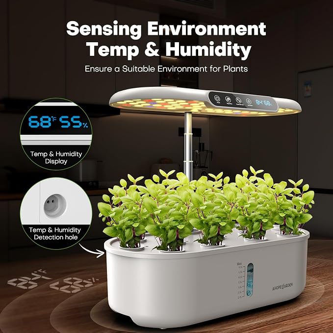 Ahopegarden Hydroponics Growing System with 12 Pods, Indoor Garden Kit with LED Grow Light & LCD Temp Humidity Display, Smart Quiet Pump Planter for Herbs, Lettuce, Vegetables, Kitchen Garden Use