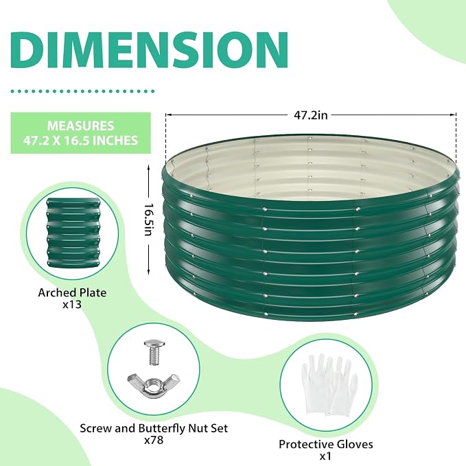 YSEJOMP 17" Tall 48" Diameter Round Raised Garden Bed Kits Outdoor Green | Heavy Duty,Rustproof,Durable & Stylish,1.5 FT Tall,4FT Planter Bed,0.8MM Thick Galvanized Metal Painted,with Gloves,Tool free