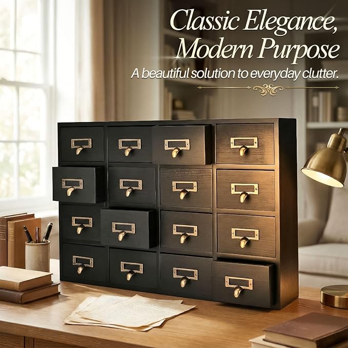 Flexzion Apothecary Cabinet with Drawers - 16 Vintage Drawers, Card Catalog Cabinet, Black Wooden Tabletop Desktop Organizer for Home Office, Jewelry, Makeup, Tools & Small Item Storage